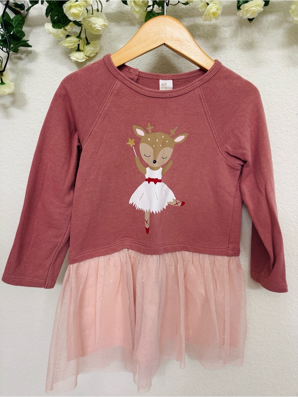 H&M • Girls Pink Deer Ballerina Tulle Dress Long Sleeve Christmas Holiday Tutu